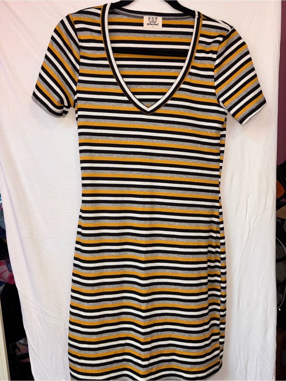 Striped V-Neck Short Sleeve Dress in Black, White & Mustard